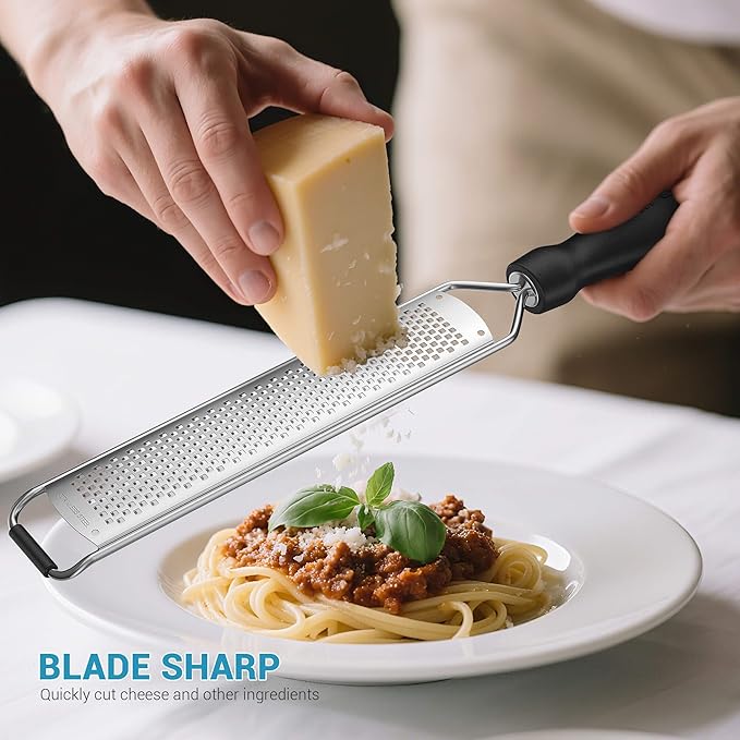 Premium Lemon Zester Grater with Handle, Ultra Sharp Stainless Steel Blade for Cheese, Citrus, Ginger, Garlic & Chocolate, Non-Slip Grip, Safety Cover & Cleaning Brush