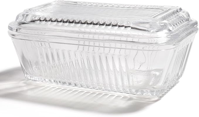 Wide Glass Butter Dish with Two Stick Butter for Countertop,Crystal Butter Container with Cover for Counter,Butter Tray Holder for Refrigerator,Large Glass Butter Keeper