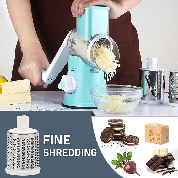 KEOUKE Rotary Cheese Grater with Handle Vegetable Cheese Shredder Slicer Grater for Kitchen 3 Changeable Blades for Cheese Potato Zucchini Nuts Chocolate - Light Blue