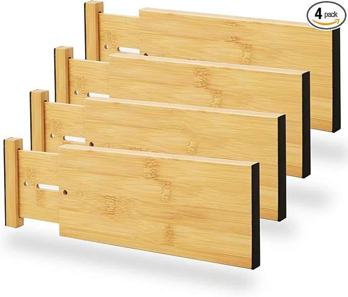 BAMEOS 4" High Bamboo Drawer Dividers - Adjustable Small Drawer Organizer - Kitchen, Dresser, Bathroom, Bedroom & Office - 4-pack