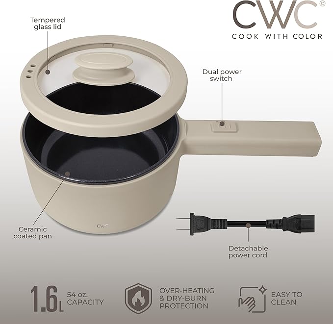 COOK WITH COLOR Electric Hot Pot, 1.6L Mini Cooker, 700W Power, Non-Stick Surface, Thermal Cut-Out Protection, Perfect for Rice, Noodles, Soups, Stews, Dorms, Apartments, and Small Kitchens, Greige