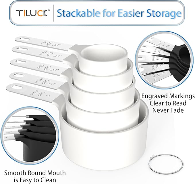 TILUCK Measuring Cups & Spoons Set, Stackable Cups and Spoons, Nesting Measure Cups with Stainless Steel Handle, Kitchen Gadgets for Cooking & Baking（white）