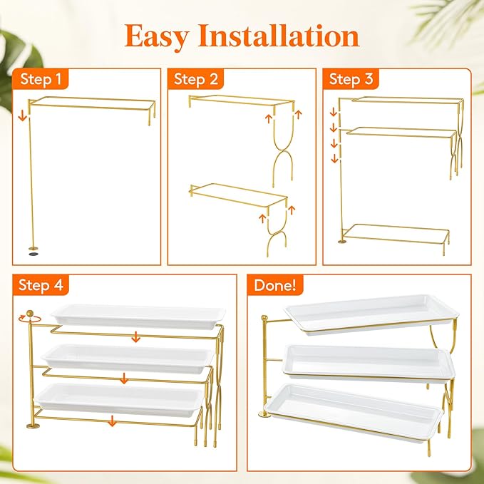Lifewit 3 Tiered Tray Stand for Party Entertaining, 14"×6.5" Serving Platters and Trays, Reusable Plastic Trays with Stable Gold Mental Stand for Veggie, Fruit, Cookies, Dessert