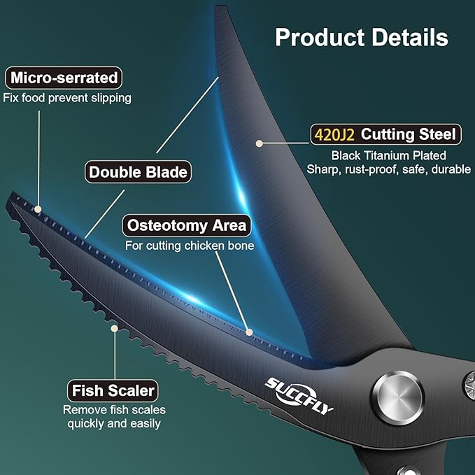 Kitchen Shears Heavy Duty, Premium Kitchen Scissors Stainless Steel, 8.8" Poultry Shears Ultra Sharp for Bone Chicken Meat, Food Scissors Anti-Slip Handle, Black Titanium Plated, Spring Loaded