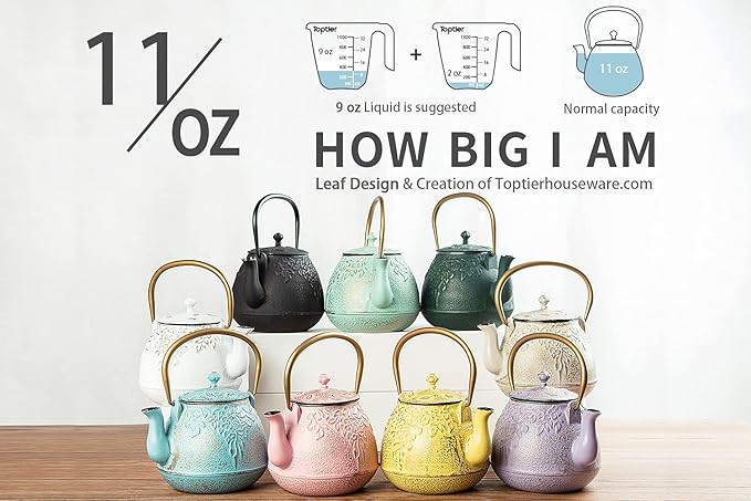 Toptier Mini Little Teapot, Super Small Cast Iron Teapot for Stove Top, Palm-Sized Japanese Stovetop Safe Tea Kettle with Infuser for 11 oz, Black