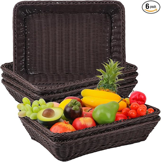 6 Pack 16 Inch Deep Coffee Wicker Bread Basket, Handmade Woven Organizer, Rectangular Fruit Baskets, Snack Basket Food Serving Baskets for Dining Table, Candies, Crackers, Fruit, Vegetables