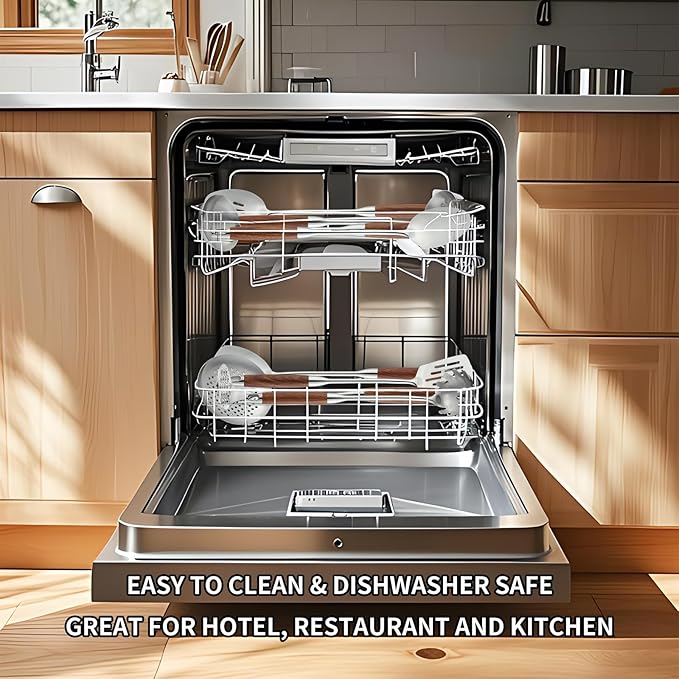 Stainless Steel Kitchen Utensils Set with Wood Handle, 18/10 Metal Cooking Utensils Set, 6-Piece - Spatula, Spoon, Ladle, Skimmer, Slotted Spoon, Pasta Server (Dishwasher Safe)