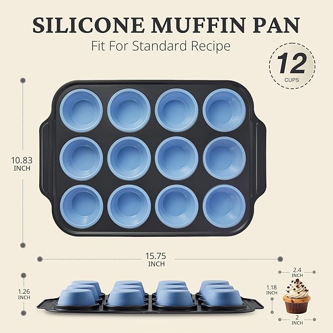 Silicone Muffin Pans for Baking with Metal Frame, Egg Bite Molds, Cupcake Pans 12 Regular Size, Muffin Tins Easy to Pop Nonstick Non Toxic Bakeware for Oven,Blue