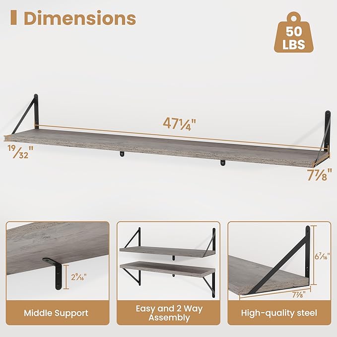 Heimlove 48 Inch Large Floating Bookshelves Set of 3,Wall Mounted Bookshelves,Heavy Duty Bracket Shelves for Living Room,Bedroom,Kitchen,Laundry Room Storage & Decor,Rustic Silver Grey
