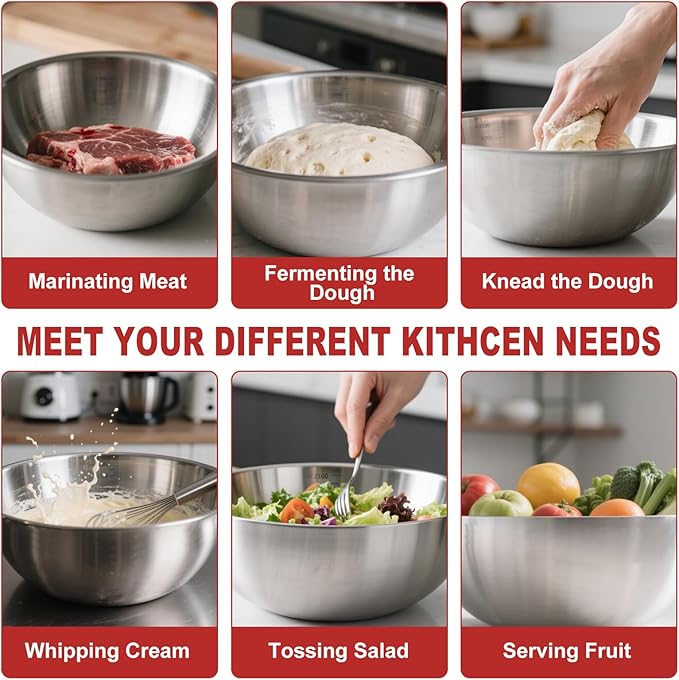 Stainless Steel Mixing Bowls, Three nested Large Mixing Bowls Stainless Steel with scale Perfect for Your Kitchen Needs Like Cooking,Baking, and Making Salads