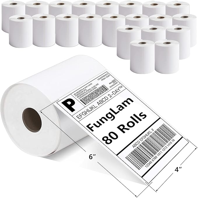 FungLam 80 Rolls 4x6 Direct Thermal Shipping Labels, 250 Labels Per Roll, 1" Core, Perforated, White Mailing Postage Shipping Label Compatible with Zebra 2844 ZP-450 ZP-500 ZP-505
