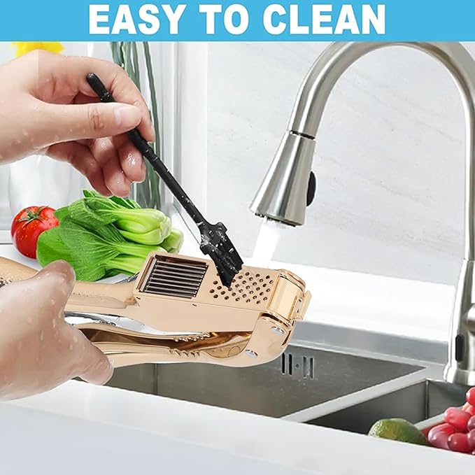 Garlic Press and Slicer 2 in 1, Rust Proof & Dishwasher Safe Professional Garlic Mincer Tool, Effortlessly Crush and Mince Garlic with this Ergonomic Handle-Garlic Peeler & Brush ANCQMI(Gold)