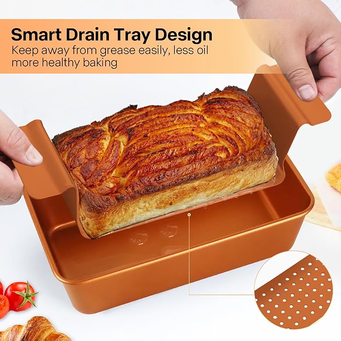 Gold Meatloaf Pan with Drain Tray, Non Stick loaf Pan Set of 2, Heavy Duty 9.8x5.7 Inch Meat loaf Pan with Insert Drip Rack, for Baking Bread and Healthy Meatloaf