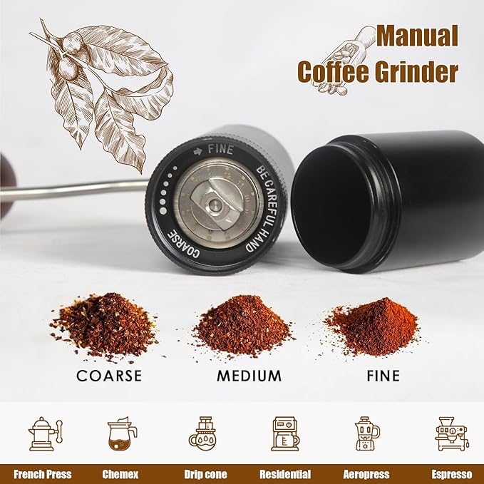Manual Coffee Grinder - Precision CNC Stainless Steel Burr Grinder with Adjustable Settings, Black, Double Bearings for Smooth Grinding - Ideal for Home, Office, and Camping Espresso Enthusiasts BLACK