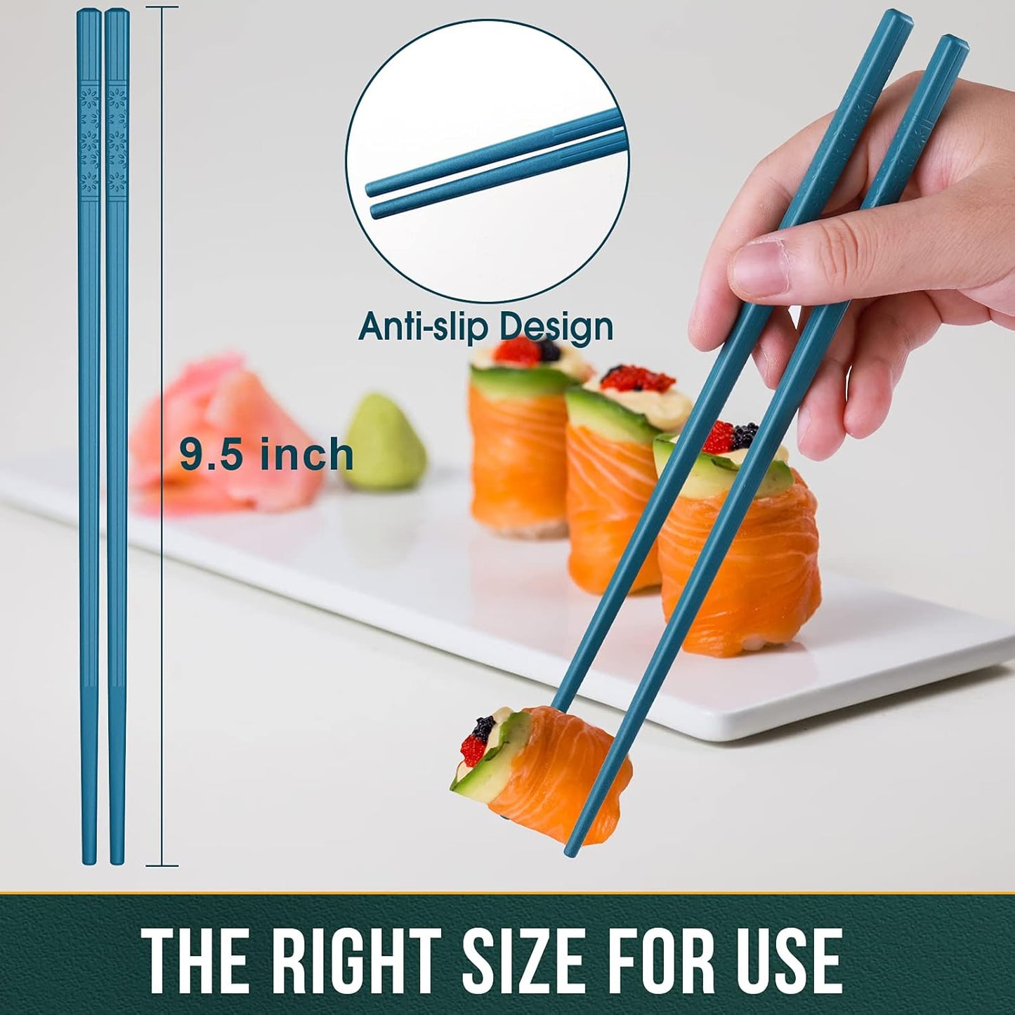 Chopsticks, GLAMFIELDS 5 Pairs Premium Reusable Multicolour Chopsticks for Sushi Japanese Matte Anti-slip Chop Sticks with Gift Case Lightweight Dishwasher Safe, 9.6 Inch