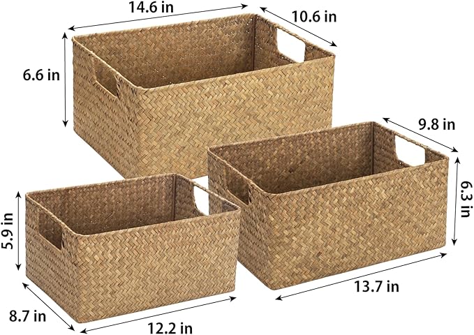 YANGQIHOME Wicker Baskets, [Set of 3] Woven Baskets for Storage, Seagrass Storage Baskets for Organizing with Built-in Handles, Open Storage Bins, Multisize, Natural