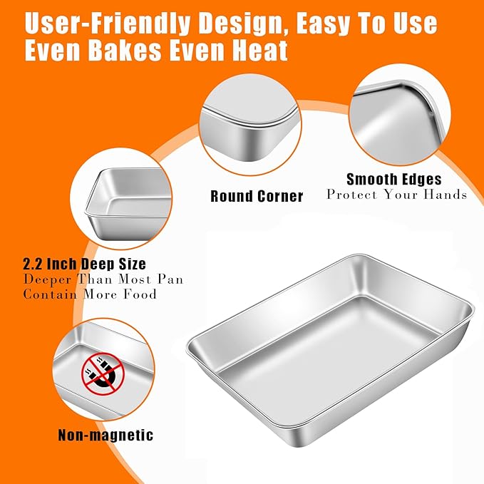 Non-Stick 304 Stainless Steel Baking Sheet Pan - 12"x9"x2" Multipurpose Dishwasher Safe Cookie Sheet | Healthy, Warp & Rust Resistant Bakeware for Pizza, Lasagna, Roasting