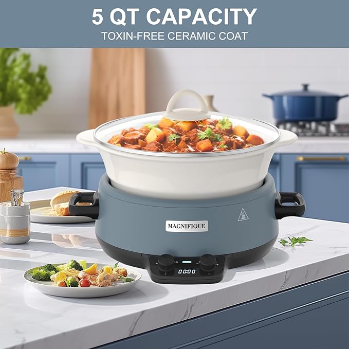 MAGNIFIQUE 5 Quart Programmable Slow Cooker with Auto Warm Setting, Glazed Ceramic Liner, Kitchen Small Appliance for Family Dinners, Blue
