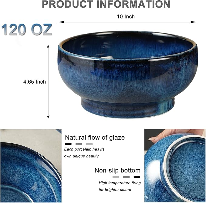 Extra Large Salad Bowl,Decorative Fruit Bowl,Kitchen Ceramic Bowl for Fruit & Salad,120 oz Footed Serving Bowl for Entertaining (starry blue)