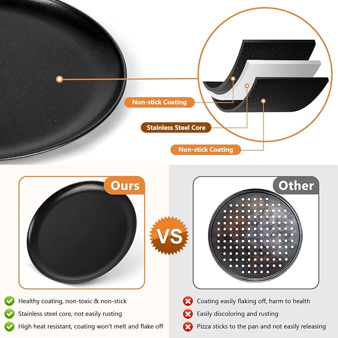 TeamFar Pizza Pan, 12Inch Pizza Tray Round Baking Pans with Stainless Steel Core & Non-stick Coating, for Roasting Cooking, Toxic Free – Set of 4