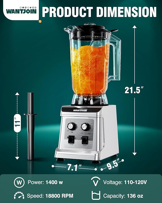 WantJoin Commercial Blender - 136 Oz Large Capacity Professional Blender Heavy Duty w/Pure Copper Motor,Dishwasher safe, 8-Blade Combo, 18800 RPM, Multi Speeds, Smoothie Blenders for Juice