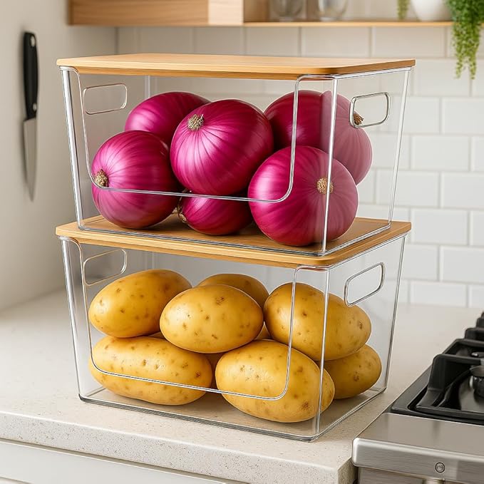 2 Set Pantry Organizers and Storage - Kitchen Organizer with Bamboo Lid for Fruit, Onion, Potato, Vegetable - Clear Stackable Bins for Kitchen Cabinet, Refrigerator, Home Organization