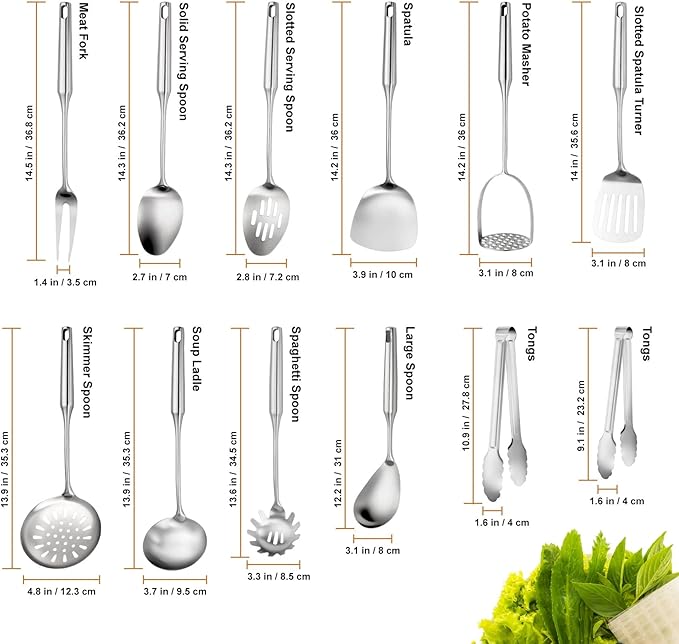 304 Stainlss Steel Kitchen Utensils Set, 12 Pcs Long Metal Utensils Set with Potato Masher, Spoon, Ladle, Skimmer, Turner, Pasta Server, Tongs etc(Dishwasher Safe)