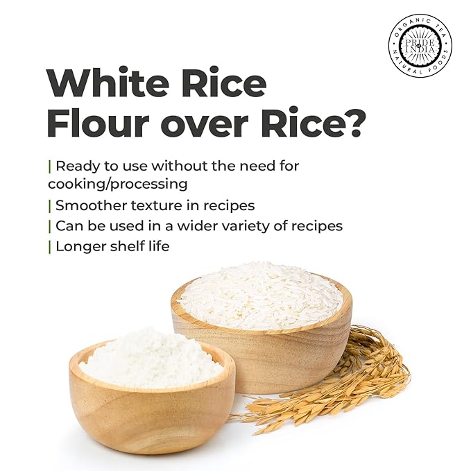 Pride of India- White Rice Flour 1 lbs (454 gm) Mild Slightly Sweet Neutral Taste Freshly Milled in Small Batches | Used for Cooking Baking Coating Thickening | Vegan, Gluten Free