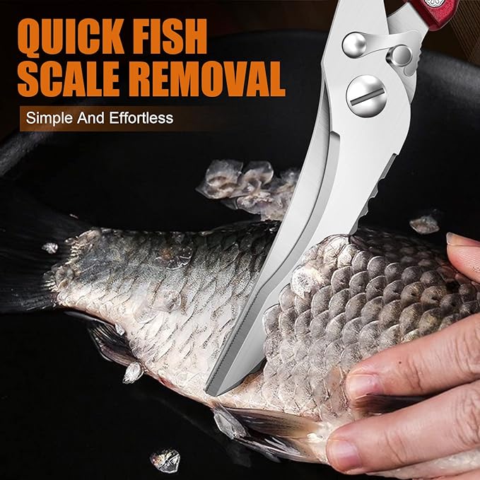 Poultry Shears, Red Heavy Duty Kitchen Shears with Serrated Edge, No Rust Spring Loaded, Multipurpose Stainless Steel Kitchen Scissors for Chicken Meat, Turkey, Fish