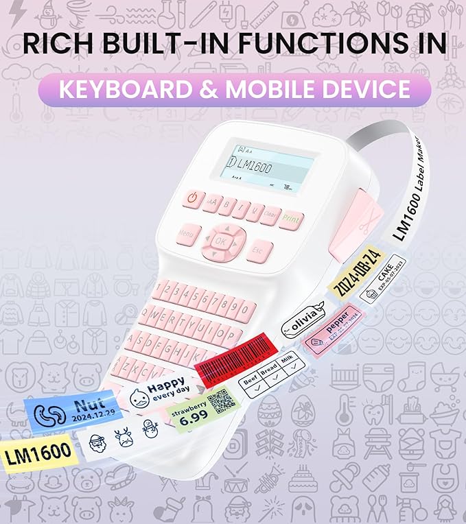 Pink Label Maker Machine with-Tape, Rechargeable Label Maker with Keyboard, Bluetooth Labeler Machine LM1600, Backlit Display, Multiple Symbol Icon Style Templates for Home Office Use
