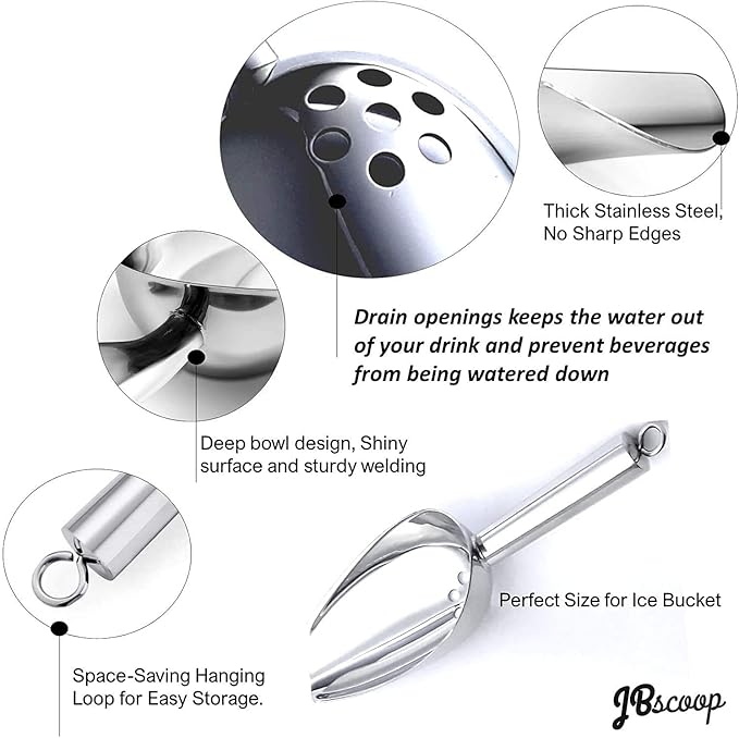 JBscoop Large Ice Scoop with Holes. Stainless Steel Ice Scoop with Drain Holes to Reduce Unwanted Dilution. Heavy Duty and Dishwasher Safe. Six Ounce Capacity.