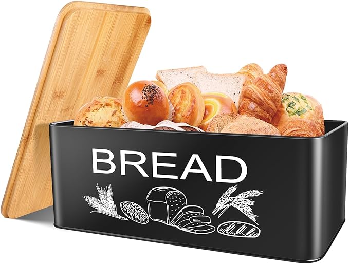 JIGUOOR Black Bread Box, Large Space Saving Vertical Metal Bread Box with Wooden Cutting Board Lid, Holds 2+ Loaves, Farmhouse Bread Bins Kitchen Bread Storage,Kitchen Parts Box 12.99" x 7.08" x 4.72"