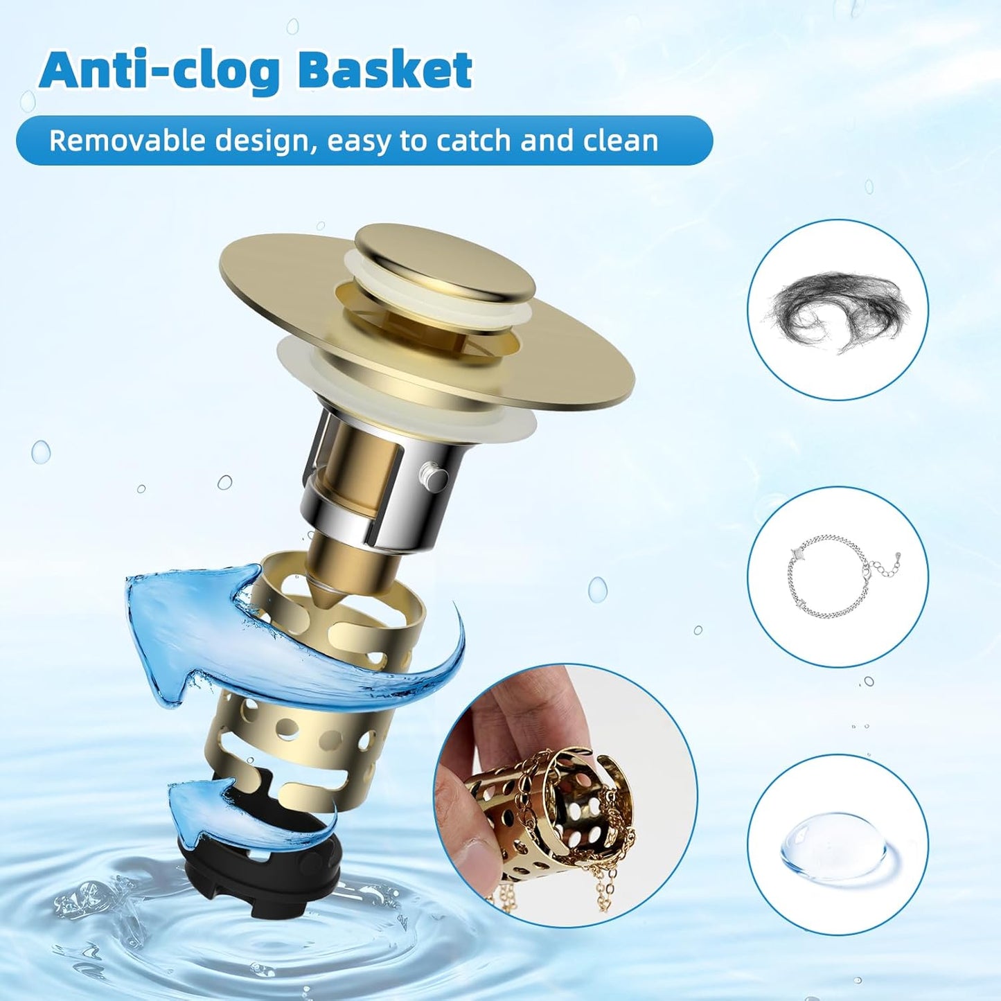Universal Bathroom Sink Stopper Hair Catcher Upgraded with 2-Layer Detachable Filter Basket, 4 in 1 Pop Up Drain Strainer, Anti-Clog, Odor-Block, Universal Fit for 1.1''~2.36'' Sinks, Brushed Gold
