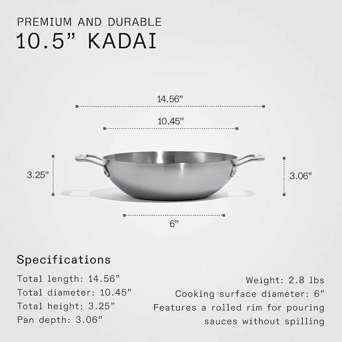 Made In Cookware - 10" Stainless Steel Kadai Pan - 5 Ply Stainless Clad - Professional Cookware - Induction Compatible