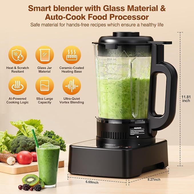 Blenders for Kitchen with Heating, PRASKY 1500W Professional Heating Blender 55oz Glass Jar,25000RPM Powerful Soy Milk Maker, Smoothies Blender, Auto Clean for Smoothies Soups Sauces (Black)
