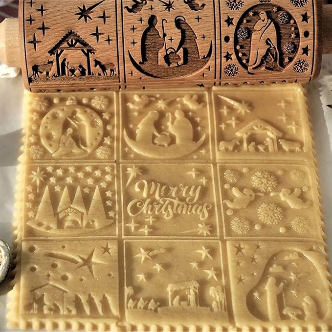 Christmas Wooden Rolling Pin for Baking Engraved Embossing Rolling Pin Cookie Stamps Roller Square Grid Cookies Mold Kitchen Decor Tools for Baking Embossed Cookies (9 Grilles Jesus)