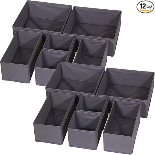 DIOMMELL 12 Pack Foldable Cloth Storage Box Closet Dresser Drawer Organizer Fabric Baskets Bins Containers Divider for Baby Clothes Underwear Bras Socks Lingerie Clothing,Dark Grey 444