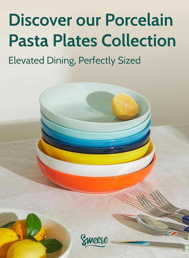 Sweese 22oz Porcelain Pasta Bowls Set - 7.6" Salad Serving Dishes, Microwave Dishwasher Safe, Set of 6, Vibrant Colors