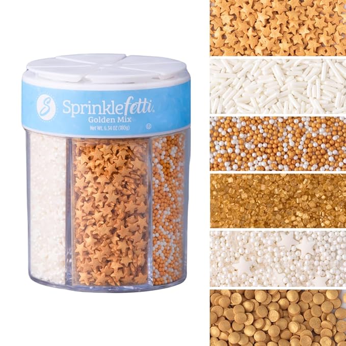 Sweets Indeed Sprinkles 6 Cell Edible Sprinkle Mix Jimmies Perfect for Cake Decorations Baking Ice Cream Cookies Cupcake Topper (Gold)