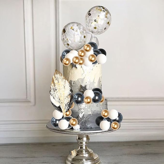 Gyufise 21 Pack Flower Boho Cake Topper Ball Cake Decorations Palm Leaves Plants Cake Decor for Girl Bohemian Princess Theme Wedding Baby Shower Birthday Party Supplies Black Gold