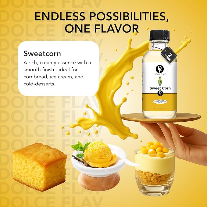 Dolce Flav Natural Sweet Corn Extract – 2 Ounce Water-Soluble Kosher, Sugar-Free, Concentrated Savory-Sweet Flavor for Baking, Cornbread & Ice Cream, Includes Measured Dropper