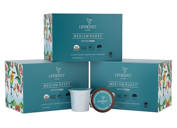 Lifeboost Medium Roast Low Acid Coffee K Cups - Single Origin Mold Free Non-GMO Organic Coffee Pods - Compatible with Keurig & Keurig 2 Machines - 10 Count