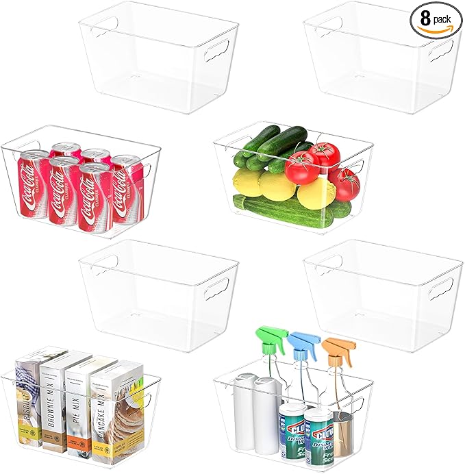 BALEINE Clear Plastic Storage Bins, Pantry Organization, BPA Free Stackable Refrigerator Organizers and Storage with Handles for Kitchen Fridge Cabinet Bathroom (8PK, 10.5x6x5)