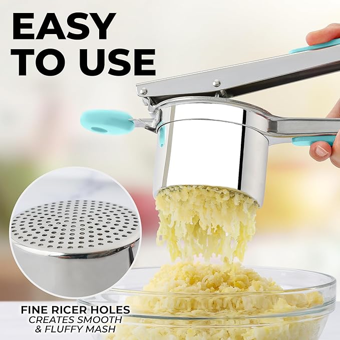 Zulay Kitchen Large 15oz Potato Ricer, Heavy Duty Stainless Steel Potato Masher and Ricer for Mashed Potatoes, Mashed Potato Masher & Potato Press Gadget for Perfect Mashed Potatoes - Turquoise