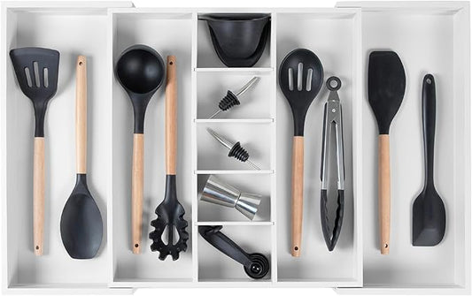Adjustable Kitchen Drawer Organizer for Utensils and Junk, Food-Safe Contract Grade with 100% Sustainable Wood, Expandable from 16 to 28 Inches Wide - White Bamboo