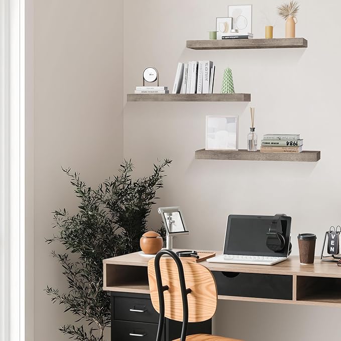 Colima Floating Shelves for Grey Wood Wall Shelf for Bedroom, 24 Inch Wall Mounted Floating Shelves for Bathroom Living Room Kitchen Office, 1.5" Thick Floating Book Shelves for Wall, Set of 3