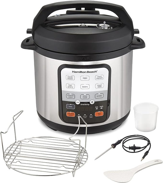 Hamilton Beach 6-in-1 Electric Pressure Cooker with Temperature Probe, Slow Cooks, Sautés, Browns, Steams, Rice Function, Egg and More, 6 Quart Capacity, Stainless Steel (34506)