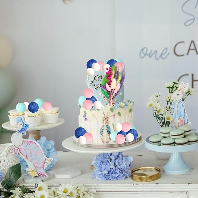 Gyufise 21 Pack Flower Boho Cake Topper Ball Cake Decorations Palm Leaves Plants Cake Decor for Girl Bohemian Princess Theme Wedding Baby Shower Birthday Party Supplies Blue Pink