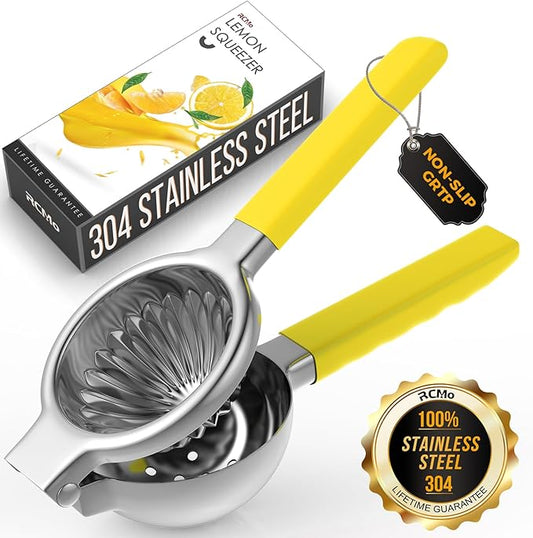 Lemon Squeezer Stainless Steel - Premium Quality, Heavy Duty Solid Metal Squeezer Bowl - Large Manual Citrus Press Juicer and Lime Squeezer (Yellow)
