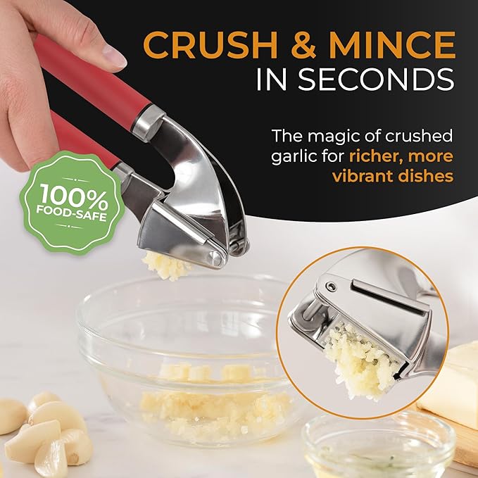 ORBLUE Garlic Press Stainless Steel - Premium Professional Grade Garlic Mincer, Crusher & Peeler Set - Easy Clean, Dishwasher Safe & Rust-proof, Red